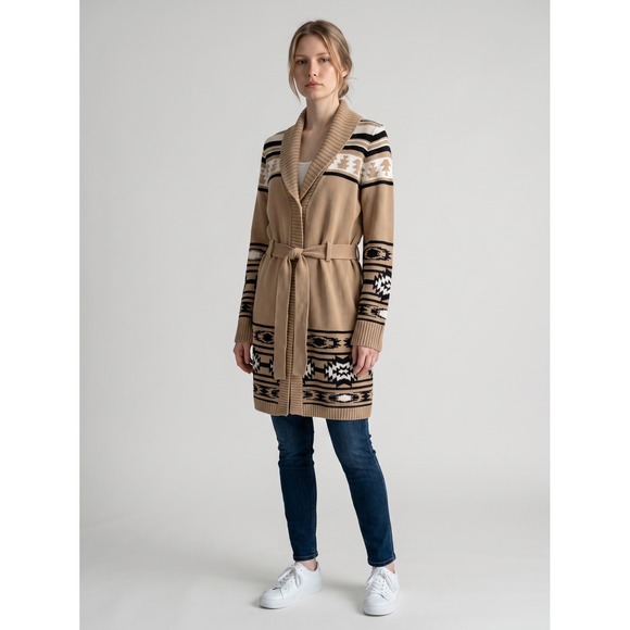 Chaps Sweaters - Chaps Womens Tan Southwestern Shawl Collar Belted Cardigan Sweater Small